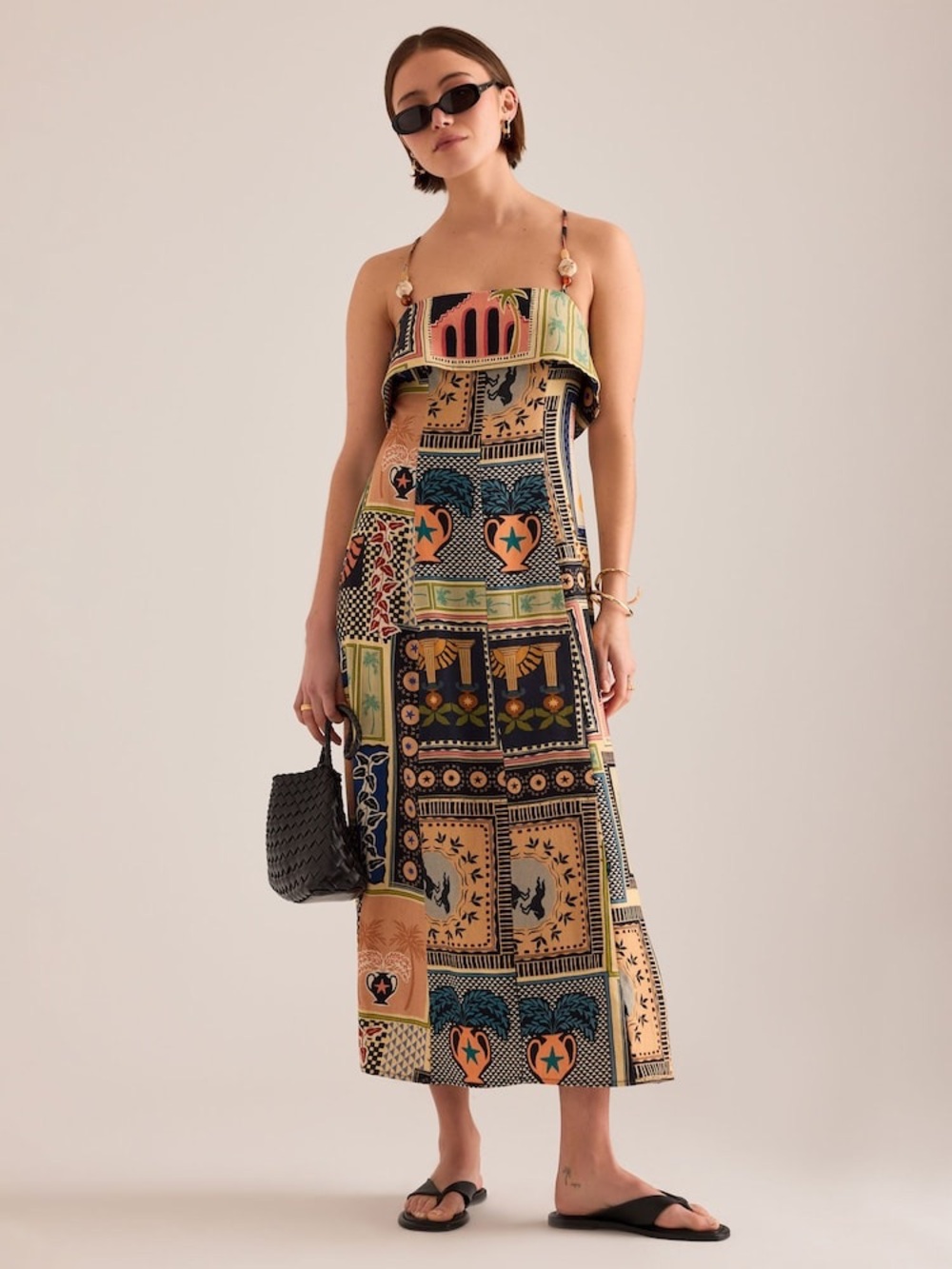 Anthropologie Orange/ Mosiac Pattern Lia Linen-Blend Beaded Dress
